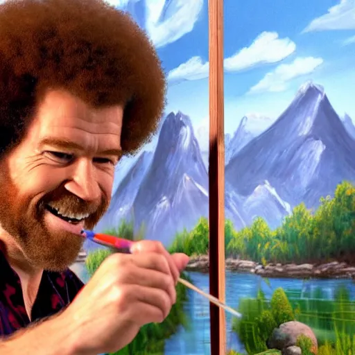 Image similar to a closeup photorealistic photograph of bob ross working on a canvas painting of spiderman. film still. brightly lit scene. mountains and trees. this 4 k hd image is trending on artstation, featured on behance, well - rendered, extra crisp, features intricate detail, epic composition and the style of unreal engine.