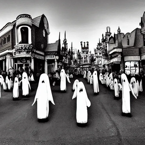 Prompt: ghosts and ghouls parade on main street by dali and tim burton