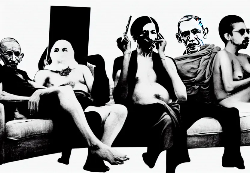 Prompt: Gandhi , Obama, Jesus, And Lady GaGa smoking a fat blunt on a sofa , photograph credit: AP, by Andy Warhol, photograph, by Beeple