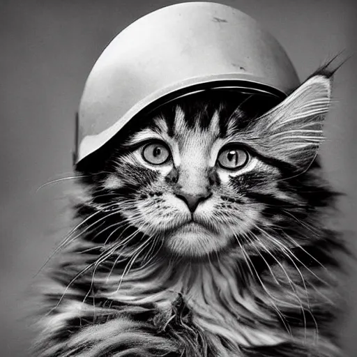 Image similar to close up of a maine coon kitten wearing soldier helmet in the battle, ww 2 historical photography, black & white