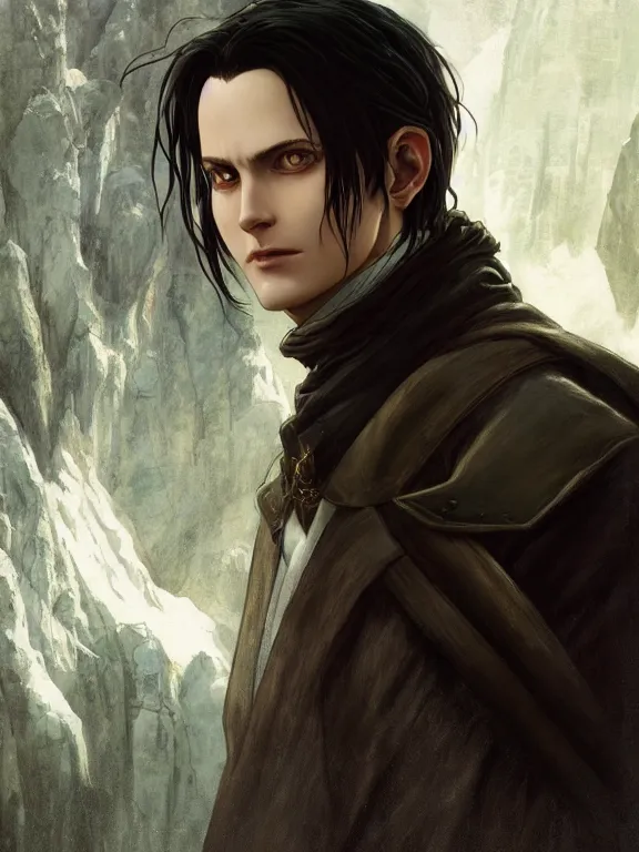 Image similar to levi ackerman, the lord of the rings, hyper detailed,, 8 k realistic, trending in artstation, digital painting, studio quality, cryengine, frostbite 3 engine, character design, smooth, sharp focus, art by artgerm and greg rutkowski and alphonse mucha and ian sprigger and wlop and krenz cushart