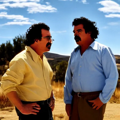 Image similar to walter white with pablo escobar talking about blue sky meth ( cinematic still frame shot, great detailed, good quality, greatly illustrated, uhd, studio lighting, 8 k, photo - realistic, hyperrealistic )