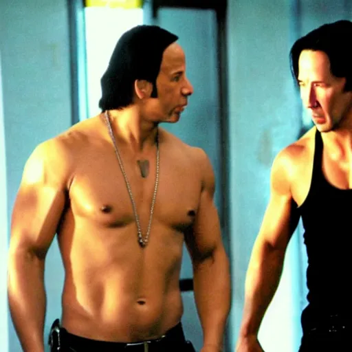 Image similar to film still of Vin Diesel as Domenic Toreto and Keanu Reeves as Brian O’Conner in Fast and the Furious