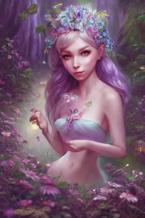 Image similar to a cute fairy in the dreamy forest, fantasy, 8 k resolution, hyper detailed, d & d, character design, digital painting, trending on artstation, sharp focus, illustration, art by artgerm, steve zheng, fuji choko, viktoria gavrilenko, hoang lap