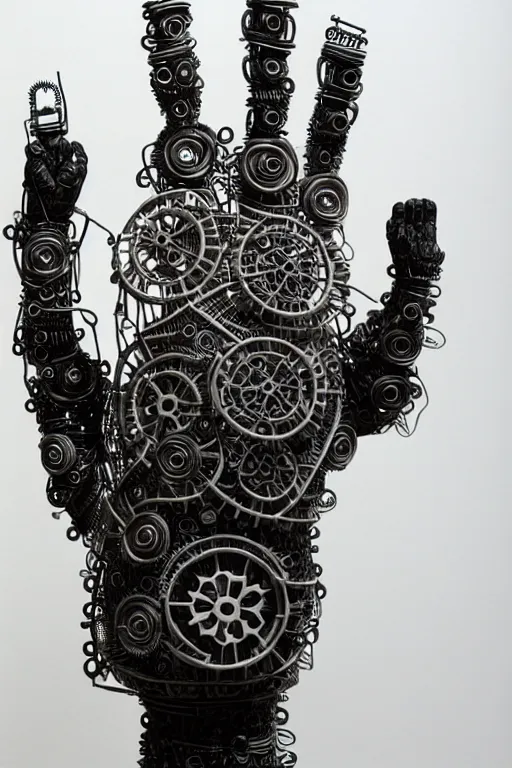 Image similar to cybernetic robotic hand made of intricate gears, wires and ceramics, engraved with sanskrit writing