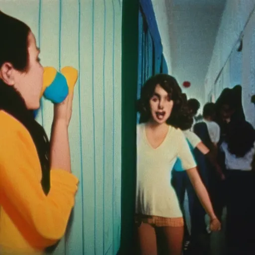 Image similar to teenage girl holds hands with inflatable toy boyfriend at high school, 1978 color Fellini film, in school hallway, dirty walls, archival footage, technicolor film, 16mm, live action, John Waters