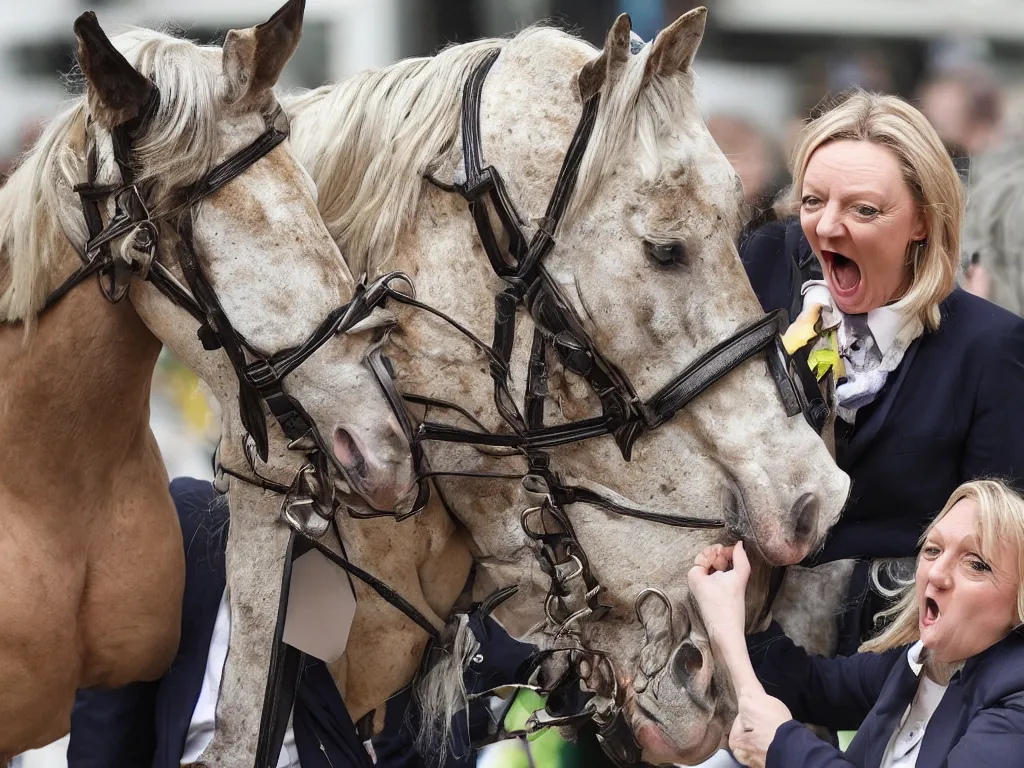 Image similar to liz truss inside a horse, her head visible in the horse's throat as it yawns