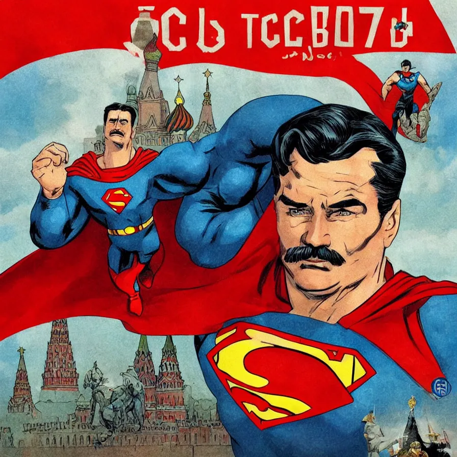 Prompt: epic comic book cover of stalin as superman floating over the red square ( moscow ), soviet propaganda, socialist realism, aesthetically pleasing, finely detailed facial features, hyperrealist, intricate digital art, trending artstation, artgem, rich moody colors, fan art, concept art, in the style of the red son and invincible