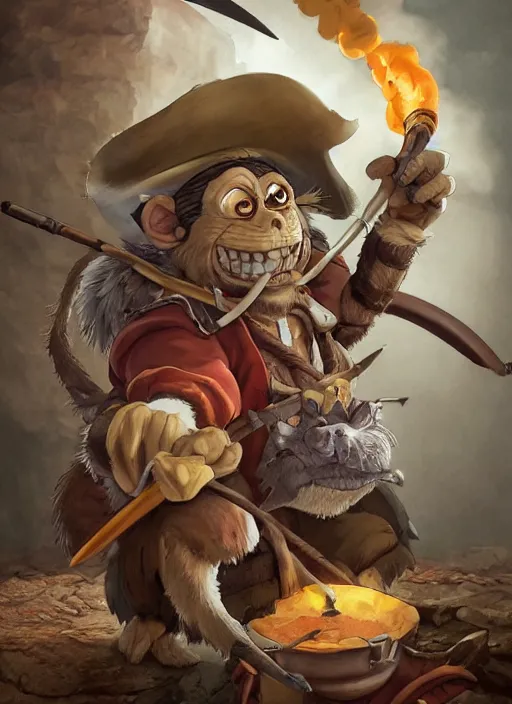 Image similar to studio ghibli pathfinder 2 e illustration of a pirate goblin mixed with a monkey smoking a cigar, character portrait, unreal engine, hyper realism, realistic shading, cinematic composition, realistic render, octane render, detailed textures, photorealistic, wide shot