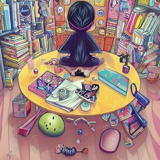 Prompt: lonely goth nerd sitting in cluttered room alone, by jeremiah ketner, aesthetic!!!, detailed, realistic, hyper realism, small details, goth aesthetic,