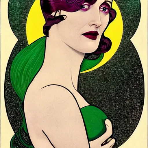 Prompt: Eva Green is Metamorpho, the Element Woman, Art by Coles Phillips, Chalk white skin, deep purple hair, Green eyes, Portrait of the actress, Eva Green as Metamorpho, art deco, Alphonse Mucha, carbon black and antique gold