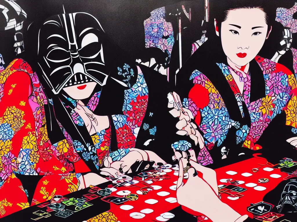 Image similar to hyperrealism composition of the detailed woman in a japanese kimono sitting at an extremely detailed poker table with darth vader, fireworks on the background, pop - art style, jacky tsai style, andy warhol style, acrylic on canvas