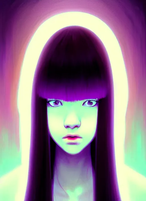 Image similar to hair whitebangs hair, black hair, whitebangs, portrait of teenage girl with white bangs, red irises, purple clothes, white bangs, bangs are different color from hair, intricate, elegant, glowing lights, highly detailed, digital painting, artstation, concept art, smooth, sharp focus, illustration, art by wlop, mars ravelo and greg rutkowski