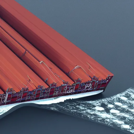 Image similar to a close - up side view of a container ship in very choppy water while under the francis scott key bridge. there is a feeling of powerful immense energy and power. imax 7 0 mm, ultrarealistic, cgsociety, 3 d octane render, ue 5.