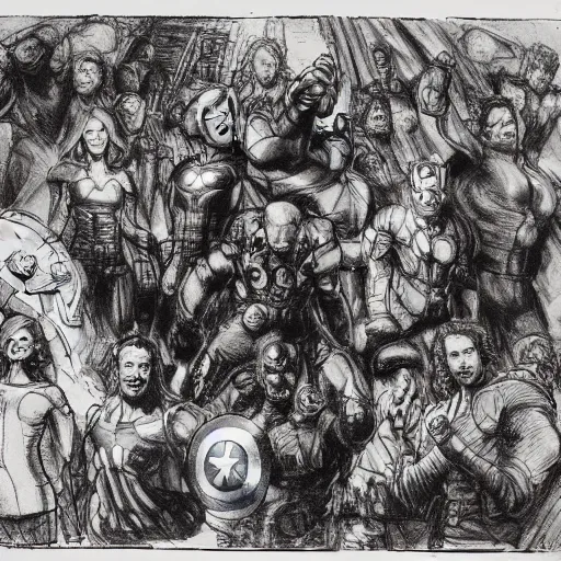 Prompt: Avengers drawn by REMBRANDT, 8k, hyperdetalied,