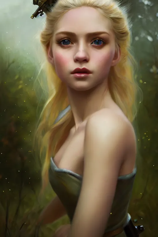 Image similar to cinematic shot of an epic portrait of a cute blonde fairy dressed in military clothes, stylised military clothes, shiny skin, beautiful eyes, beautiful, small details, night setting, realistic poster with volumetric light from jeremy lipkin and michael garmash, craig mallism, artgerm, unreal engine, radiant light, digital art, trends at art station, a masterpiece