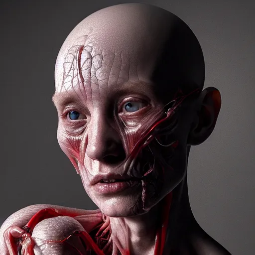 Prompt: Human female with translucent skin, visible muscles and veins and arteries and nerves, beautiful detailed intricate insanely detailed octane render, 8K artistic photography, photorealistic, chiaroscuro, by David Cronenberg, Raphael, Caravaggio