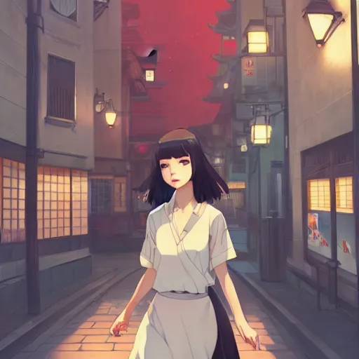 Image similar to a beautiful girl with dark hair walking down a japanese style street, ambient lighting, dynamic lighting, 4k, official media, anime key visual, makoto shinkai, ilya kuvshinov, rossdraws, detailed, trending on artstation