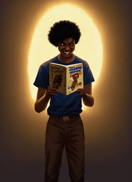 Image similar to portrait of teenage chuck clayton, black teenage boy, short curly hair, short hair square jaw, slight excited smile, reading a comic book, intricate, elegant, glowing lights, highly detailed, digital painting, artstation, concept art, smooth, sharp focus, illustration, art by wlop, mars ravelo and greg rutkowski