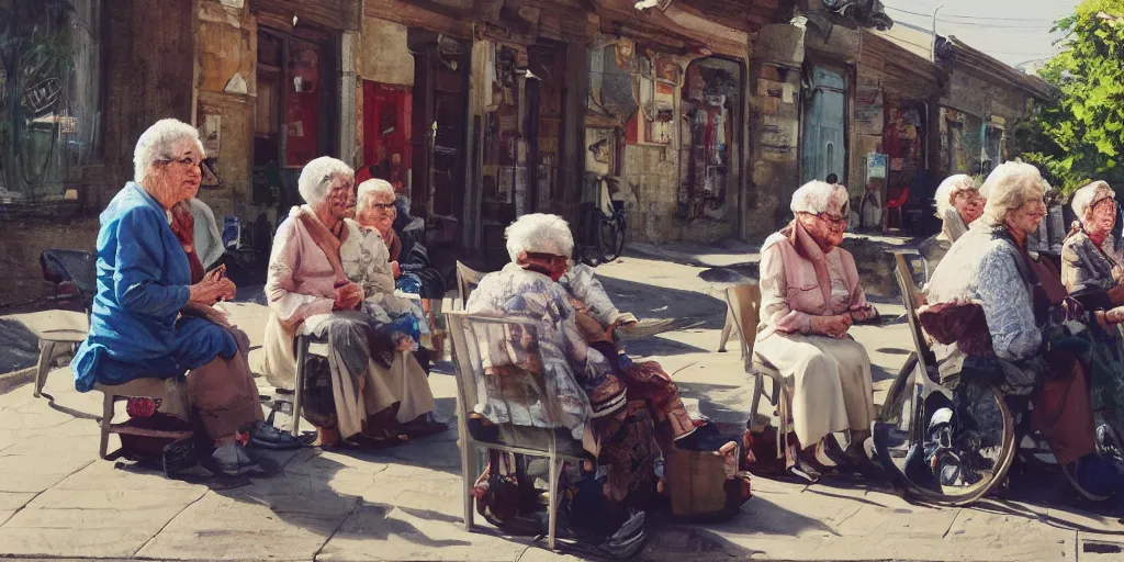 Prompt: a group of old women seated in the street speaking during a sunny day, artstation, detailed