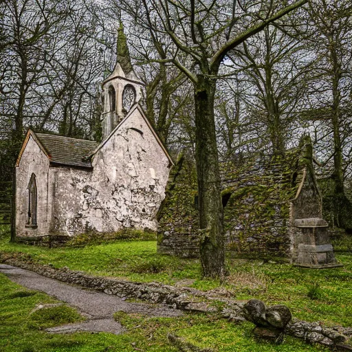 Image similar to a stone and wood church, abandoned and reclaimed by nature, irish church, 8 k photography