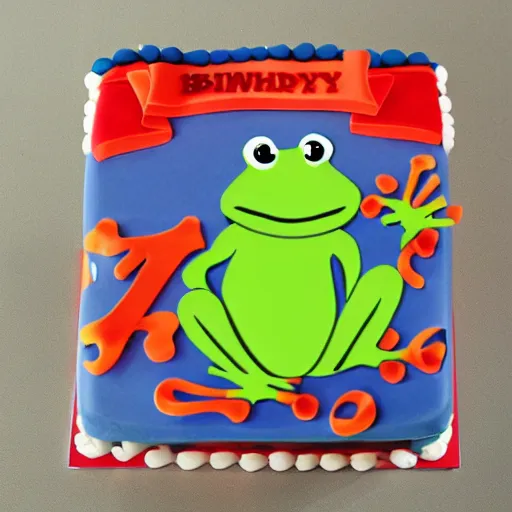 Image similar to a frog with a birthday cake, in the style of a cartoon