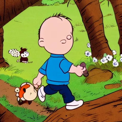 Prompt: a wide angle illustration of a very cute baby with large cheeks, blue eyes and short blonde hair. he is holding a stuffed toy llama and walking in the forest. illustrated in the style of bill watterson in the comicbook calvin and hobbes