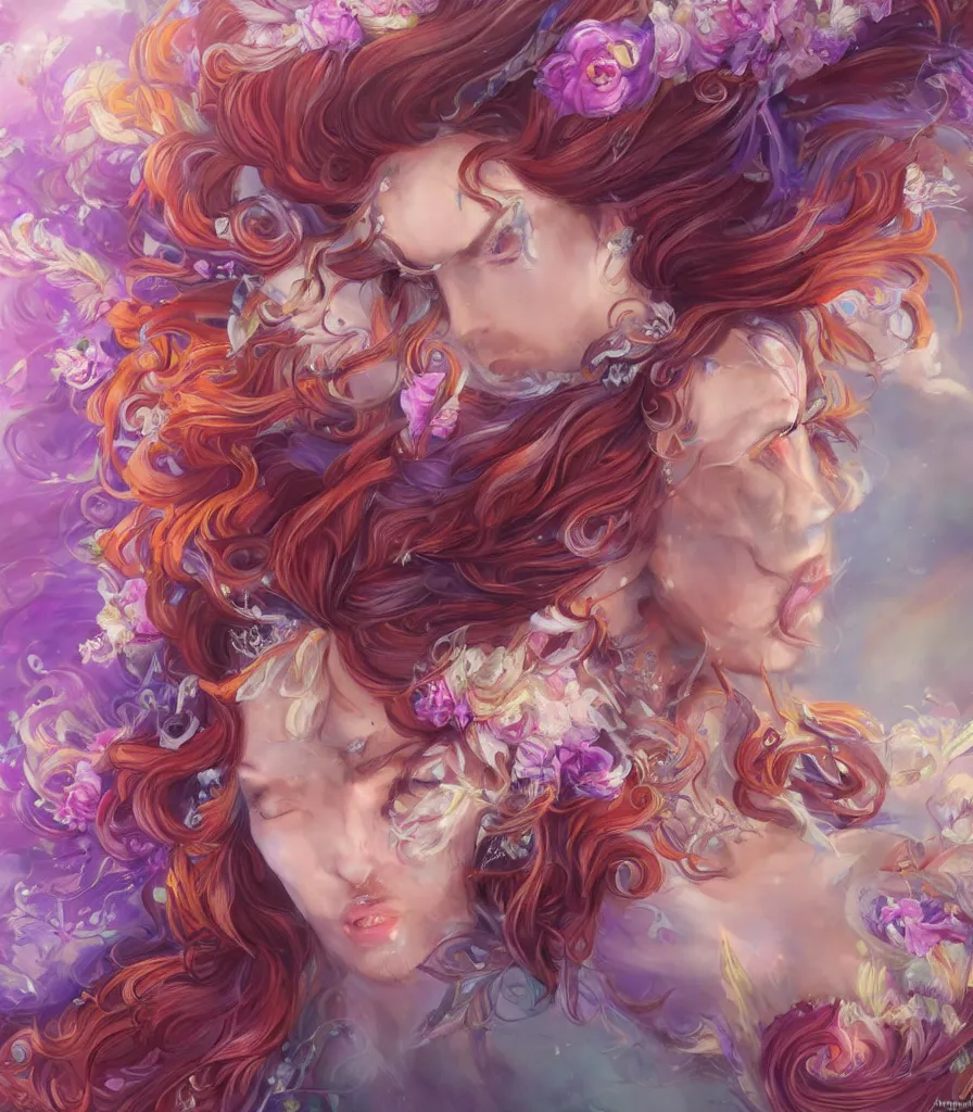 Prompt: a colorful and provenance portrait painting of the fantasy female who with floral wing, highly detailed, her hair made of hair made of air wind and curling smoke and genie, spirit fantasy concept art, art by the wings made of flowers, spirit fantasy concept art, art by aenami, alena, afshar, petros and leonid, trending on artstation.