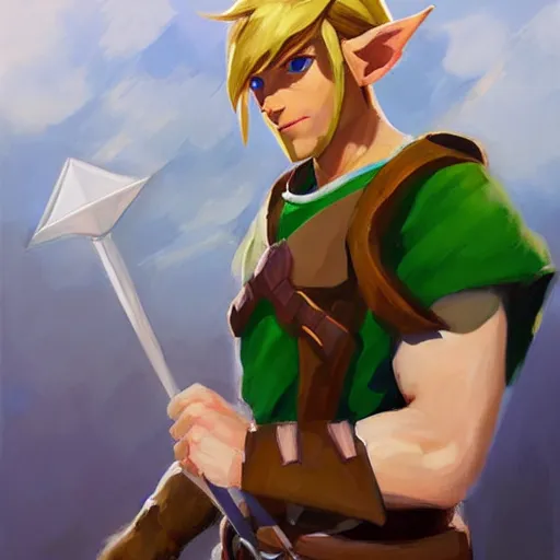 Image similar to greg manchess portrait painting of link from legend of zelda as overwatch character, medium shot, asymmetrical, profile picture, organic painting, sunny day, matte painting, bold shapes, hard edges, street art, trending on artstation, by huang guangjian and gil elvgren and sachin teng