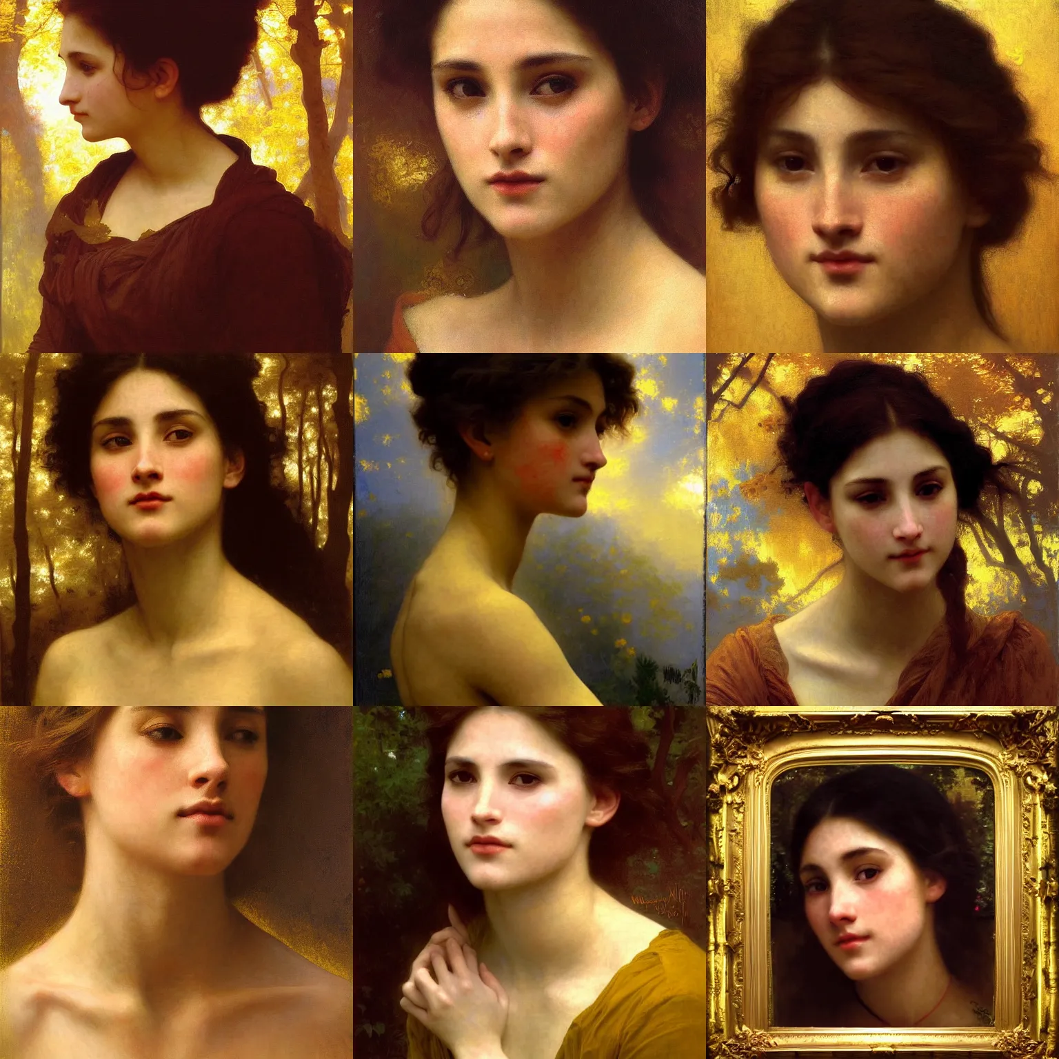 Prompt: finished portrait of a beautiful!!!!!! womans face, by william adolphe bouguereau, waterhouse, craig mullins, ruan jia, gustave klimt, masterpiece, golden hour, rim light, forest!!, bold color, yellow, gold leaf, shining, highlight, blue sky, chiaroscuro, varnished