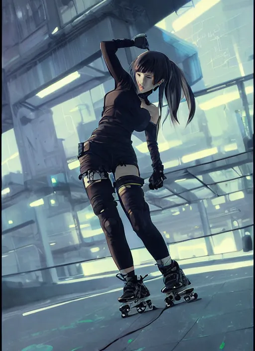 Image similar to hyper - realistic cyberpunk anime woman wearing inline skate, tokyo street, extreme detail, good face, model, concept art, in style of yoji shinkawa, pan ren wei, col price, atey ghailan, by greg rutkowski, aesthetic