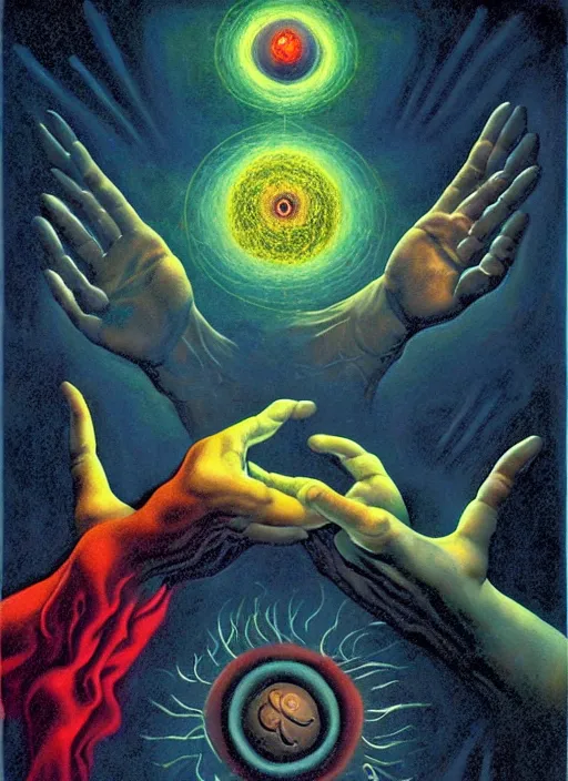 Image similar to antediluvian occult cosmology, panspermia, occult magic hand gestures, magick ritual hand signs, by joe jusko and remedios varo and daniel arsham and robert hooke, rule of thirds, vivid colours, negative space, atmospheric, digital painting, artstation, concept art, smooth, sharp focus