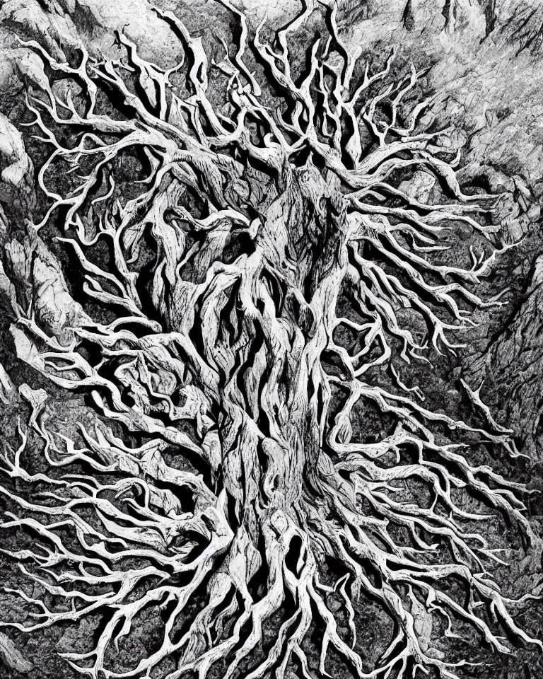 Prompt: A giant mythical wretched tree made of human flesh, limbs and bones growing on corpses in the middle of a desert canyon. Bird view. Inspired by Gustave Doré.