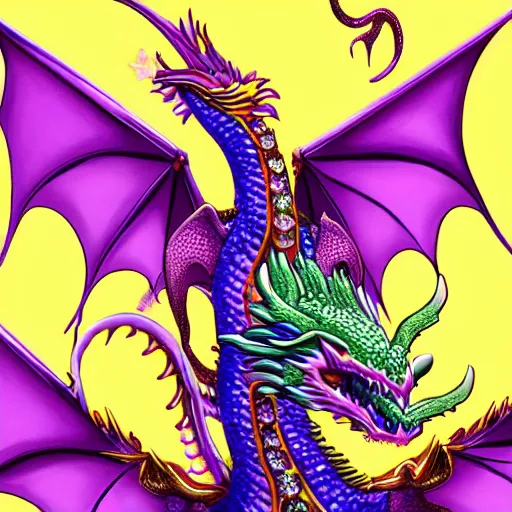 Image similar to magnificent crystal dragon, silky purple in color, rainbow Starburst background, focus on dragon