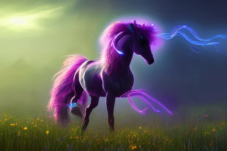 Image similar to a stunning digital painting of a flowerpunk horse with a mane of bioluminescent flowers running through a meadow by eddie mendoza, volumetric light, digital art, fine detail, photorealistic