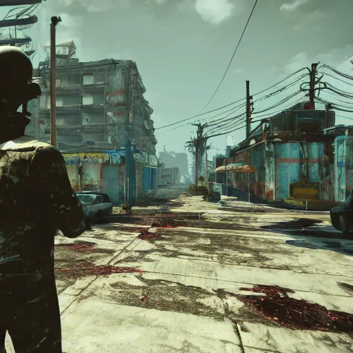 Image similar to Miami in ruins post-nuclear war in Fallout 4, in game screenshot