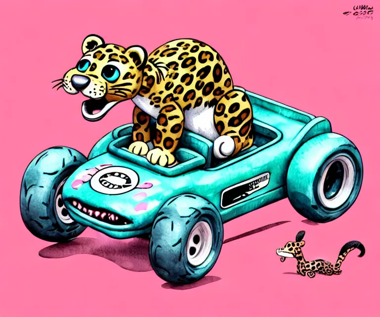 Image similar to cute and funny, baby leopard riding in a tiny go kart with oversized engine, ratfink style by ed roth, centered award winning watercolor pen illustration, isometric illustration by chihiro iwasaki, edited by range murata, tiny details by artgerm and watercolor girl, symmetrically isometrically centered