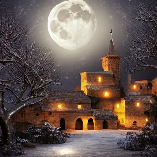 Image similar to a medieval village at night with the moon in the sky realistic, Artstation, snowy