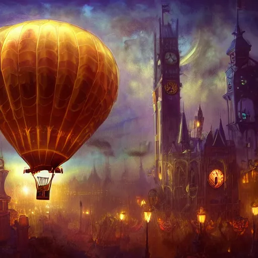 Image similar to a beautiful stunning fantasy whimsical matte digital illustration of a scene of a steampunk hot - air balloon over a lit steampunk city with a clock tower at night by marc simonetti, pastel color palette, disney magic the gathering steampunk!!!, chiaroscuro magical! bokeh moon stars dramatic romantic! epic breathtaking, trending on artstation hq, masterpiece
