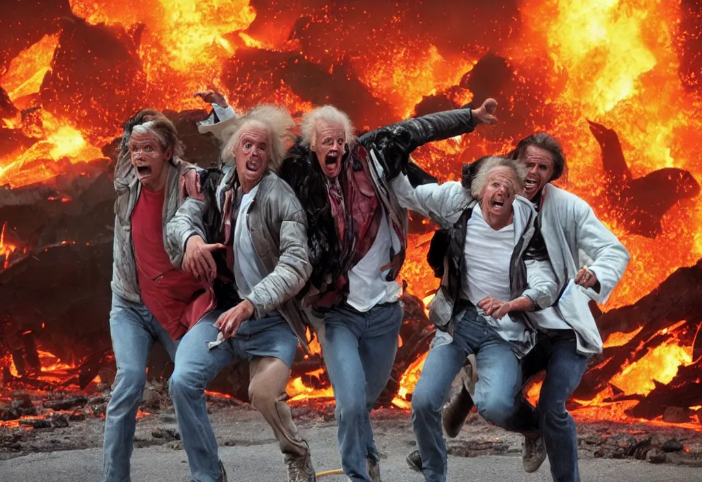 Prompt: marty mcfly and doc brown running around the delorean in a panicking crowd surrounded by the lava explosion in the ruins of pompei