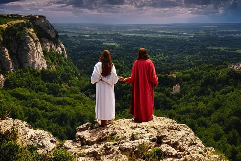 Image similar to a unique digital photo of jesus and mary magdalene standing on a cliff looking over a beautiful landscape in france, rennes - le - chateau, award winning photo, very detailed, very realistic cinematic