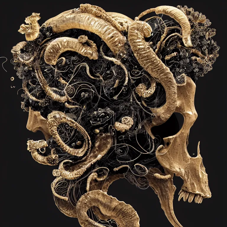 Image similar to black background. goddess princess face close-up portrait ram skull. sculpture made of gold and black charcoal. jellyfish phoenix head, nautilus, orchid, skull, betta fish, bioluminiscent creatures, intricate artwork by Tooth Wu and wlop and beeple. octane render, trending on artstation, greg rutkowski very coherent symmetrical artwork. cinematic, hyper realism, high detail, octane render, 8k