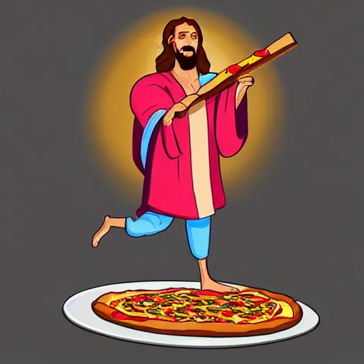 Image similar to jesus using a pizza as a frisbee, digital art, trending on artstation