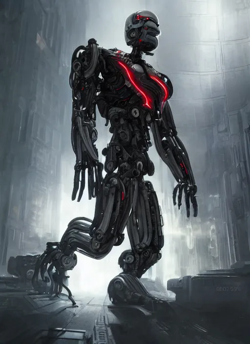 Image similar to cyborg, borg, android, strogg, face of a man, body of a robot, droid, robocop, cable, victor stone, ultron, terminator, machine, flesh, quake, doom demon, wolfenstein, monster, octane render, from an anime movie, symmetry, symmetrical, concept art by ruan jia and greg rutkowski