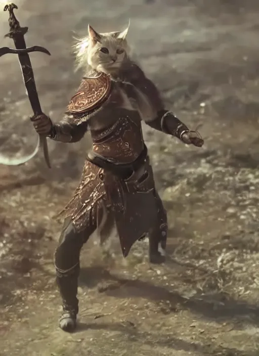 Image similar to a bipedal cat with a sword in elden ring, gameplay, 8k, hd