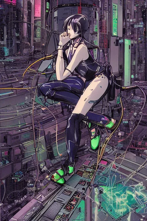 Image similar to awe inspiring cyberpunk anime style illustration of a. female android seated on the floor in a tech labor, seen from the side with her back open showing a cables and wires coming out, by masamune shirow and katsuhiro otomo, japan, 1980s, dark, colorful