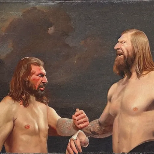 Prompt: vince mcmahon & triple h in the ring, painted by the old dutch masters,