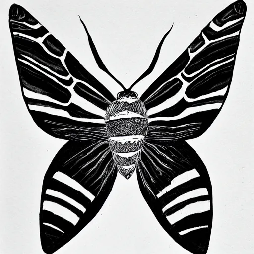 Prompt: moth, black and white, botanical illustration, black ink on white paper, bold lines