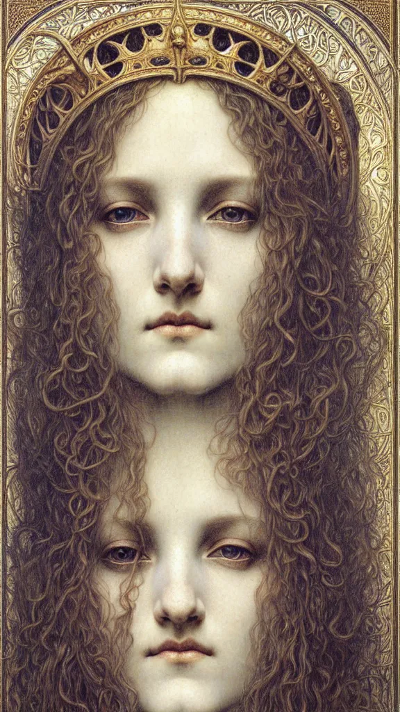 Image similar to detailed realistic beautiful young medieval queen face portrait by jean delville, gustave dore and marco mazzoni, art nouveau, symbolist, visionary, gothic, pre - raphaelite. horizontal symmetry