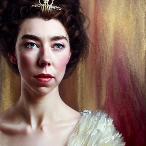 Image similar to vanessa kirby as dark - haired princess margaret, a beautiful closeup oil painting, she has tears running down her face, wet lips, perfect eyes, insanely detailed, elegant, by wlop, rutkowski, livia prima, mucha,